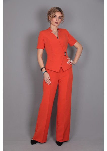 Tokalı Kısa Kollu Ceket & Yüksek Bel Bol Paça Pantolon Takım-Turuncu fiyatları