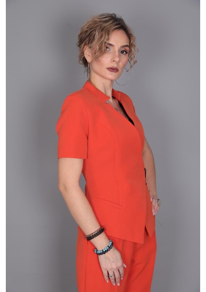 Tokalı Kısa Kollu Ceket & Yüksek Bel Bol Paça Pantolon Takım-Turuncu modelleri