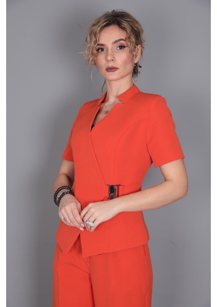 Tokalı Kısa Kollu Ceket & Yüksek Bel Bol Paça Pantolon Takım-Turuncu indirimleri