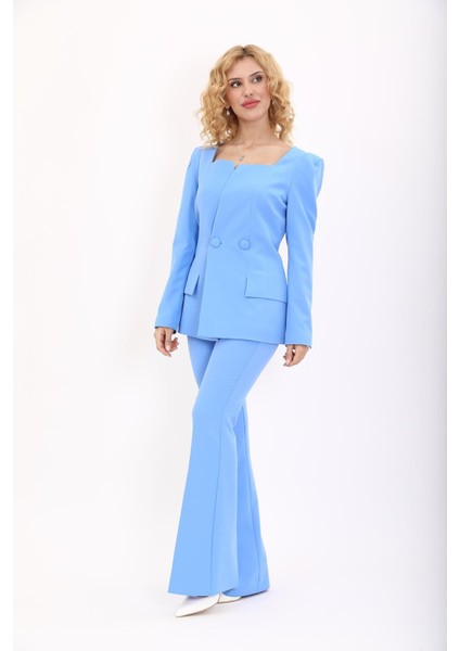 Kare Yaka Ceket & Ispanyol Paça Pantolon-Gökyüzü