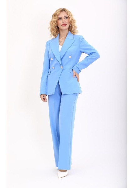 Erkek Yaka Çapraz Ceket & Bol Paça Pantolon-Gökyüzü