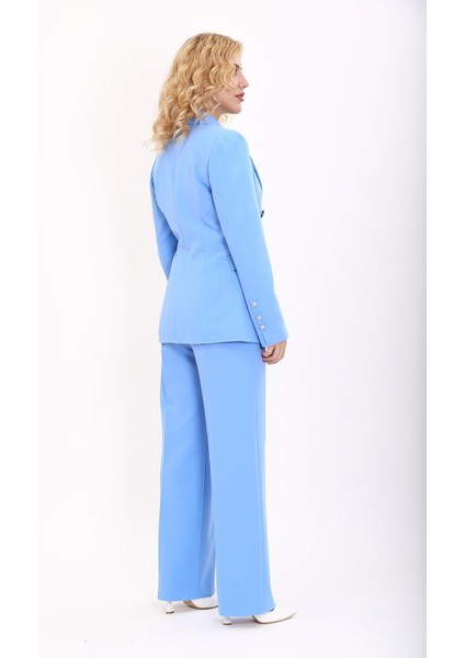 Erkek Yaka Çapraz Ceket & Bol Paça Pantolon-Gökyüzü modelleri