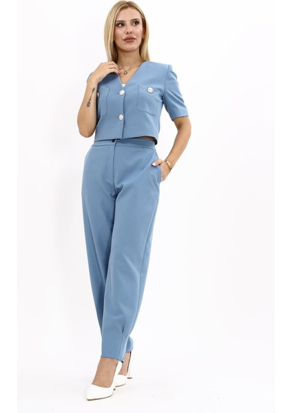 V Yaka Kısa Ceket & Paçası Pileli Pantolon-Deniz