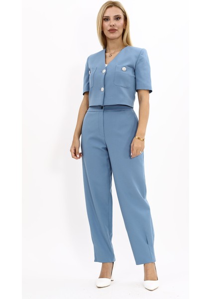 V Yaka Kısa Ceket & Paçası Pileli Pantolon-Deniz indirimleri