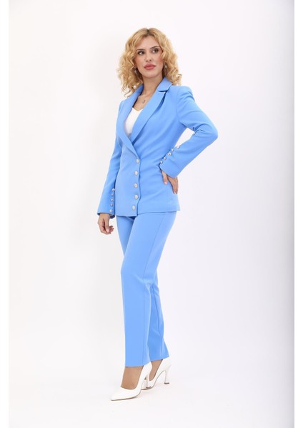 Erkek Yaka Düğme Detaylı Ceket & Dar Paça Pantolon-Gökyüzü