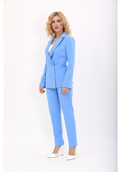 Erkek Yaka Düğme Detaylı Ceket & Dar Paça Pantolon-Gökyüzü fiyatları