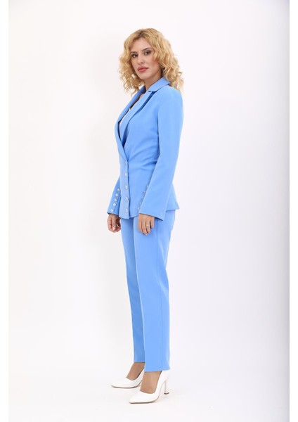 Erkek Yaka Düğme Detaylı Ceket & Dar Paça Pantolon-Gökyüzü indirimleri