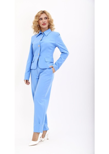 Gömlek Yaka Klasik Ceket & Paçası Pileli Pantolon-Gökyüzü