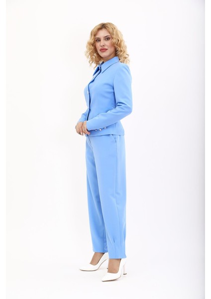 Gömlek Yaka Klasik Ceket & Paçası Pileli Pantolon-Gökyüzü indirimleri