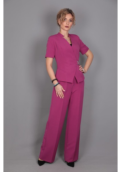 Tokalı Kısa Kollu Ceket & Yüksek Bel Bol Paça Pantolon Takım-Fuşya