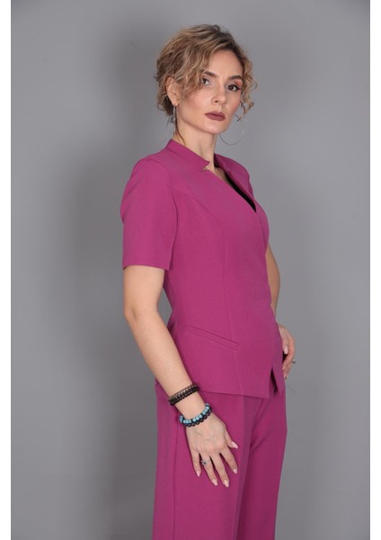 Tokalı Kısa Kollu Ceket & Yüksek Bel Bol Paça Pantolon Takım-Fuşya fiyatları