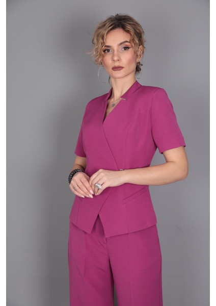 Tokalı Kısa Kollu Ceket & Yüksek Bel Bol Paça Pantolon Takım-Fuşya modelleri