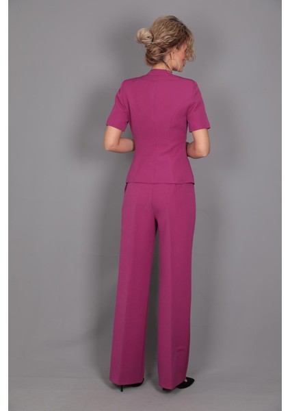 Tokalı Kısa Kollu Ceket & Yüksek Bel Bol Paça Pantolon Takım-Fuşya indirimleri