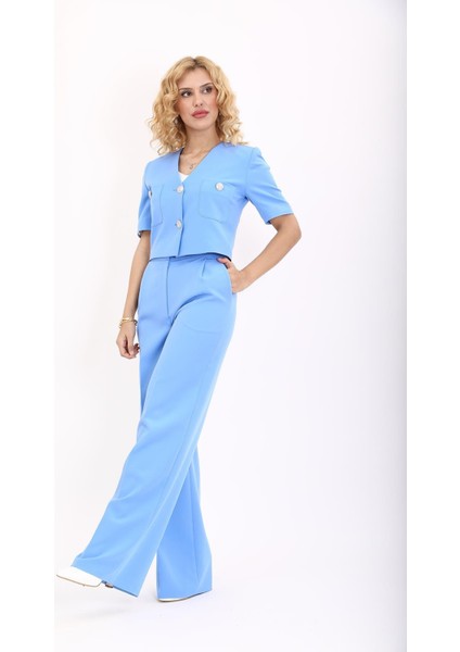 V Yaka Kısa Ceket & Korsaj Kemer Palazzo Pantolon-Gökyüzü