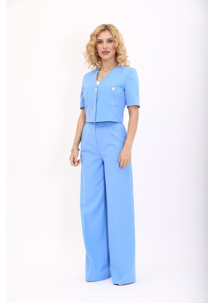 V Yaka Kısa Ceket & Korsaj Kemer Palazzo Pantolon-Gökyüzü fiyatları