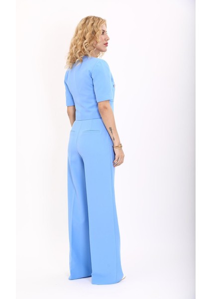 V Yaka Kısa Ceket & Korsaj Kemer Palazzo Pantolon-Gökyüzü modelleri