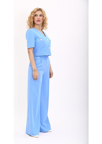 V Yaka Kısa Ceket & Korsaj Kemer Palazzo Pantolon-Gökyüzü fırsatları