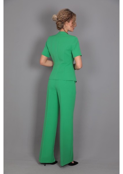 Tokalı Kısa Kollu Ceket & Yüksek Bel Bol Paça Pantolon Takım-Yeşil indirimleri