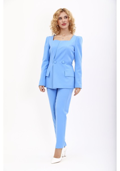 Kare Yaka Ceket & Dar Paça Pantolon-Gökyüzü
