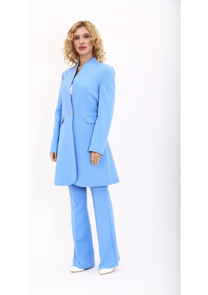 Kendinden Dik Yakalı Tek Düğmeli Uzun Ceket & Ispanyol Paça Pantolon-Gökyüzü fiyatları