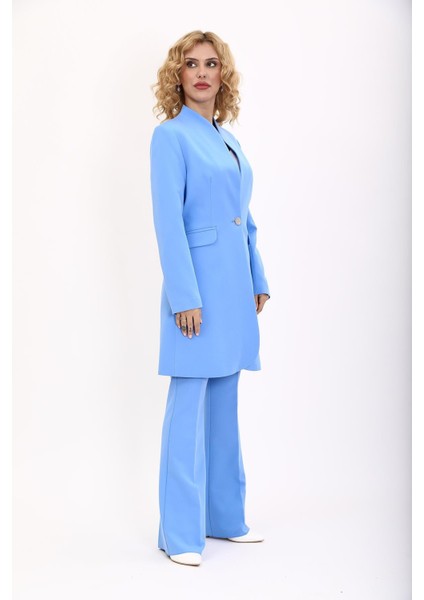 Kendinden Dik Yakalı Tek Düğmeli Uzun Ceket & Ispanyol Paça Pantolon-Gökyüzü fırsatları