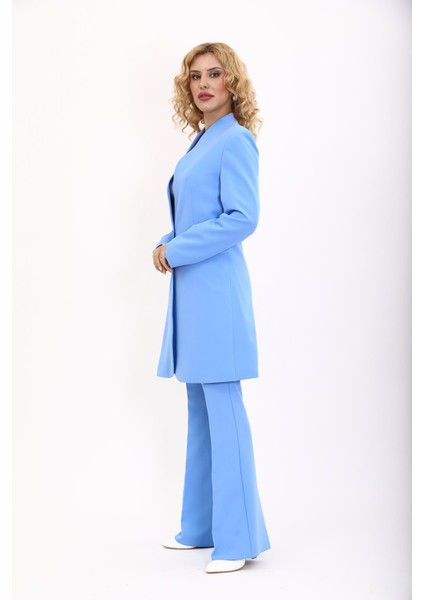 Kendinden Dik Yakalı Tek Düğmeli Uzun Ceket & Ispanyol Paça Pantolon-Gökyüzü indirimleri
