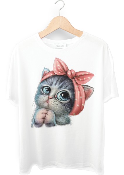 Felix Dies Beyaz Oversize Kalıp Kedi Baskılı Kadın T-Shirt