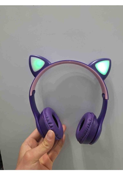 P47M Işıklı Kedi Kulak Rengarenk Bluetooth Kulak Üstü Kulaklık