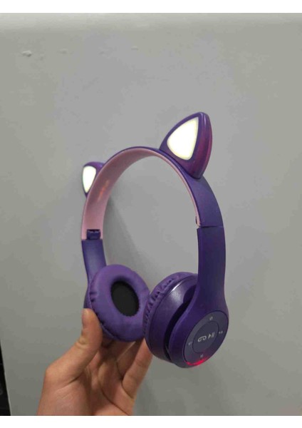 P47M Işıklı Kedi Kulak Rengarenk Bluetooth Kulak Üstü Kulaklık