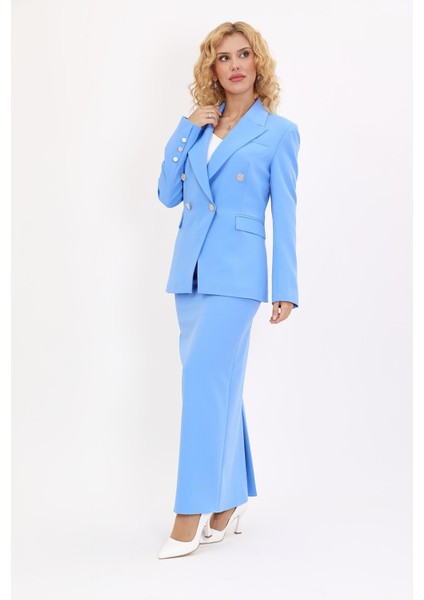 Erkek Yaka Çapraz Ceket & Uzun Düz Dar Etek-Gökyüzü