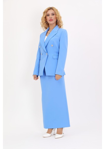 Erkek Yaka Çapraz Ceket & Uzun Düz Dar Etek-Gökyüzü fiyatları