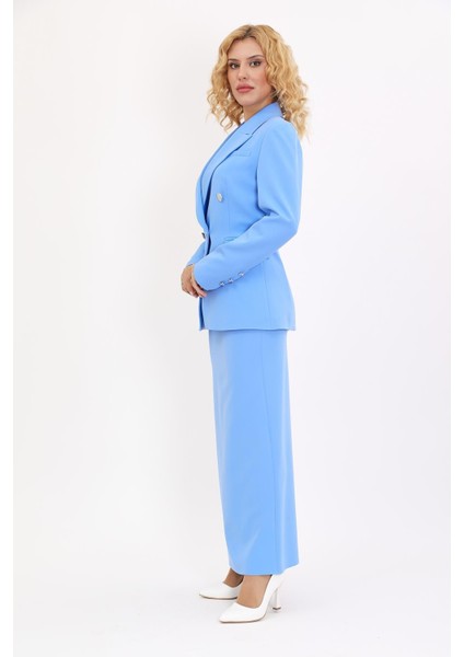 Erkek Yaka Çapraz Ceket & Uzun Düz Dar Etek-Gökyüzü indirimleri