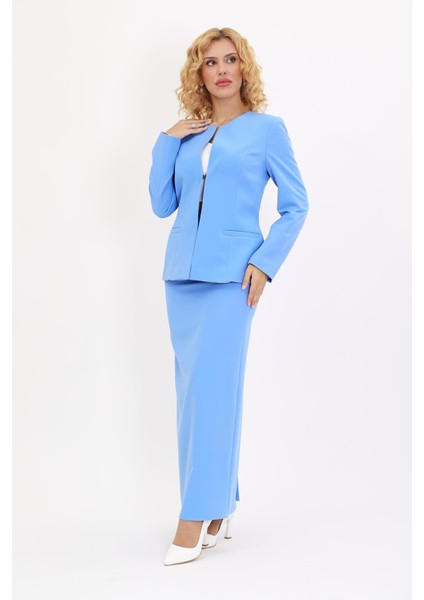 Oval Yaka Yandan Kuplu Klasik Ceket & Uzun Düz Dar Etek-Gökyüzü