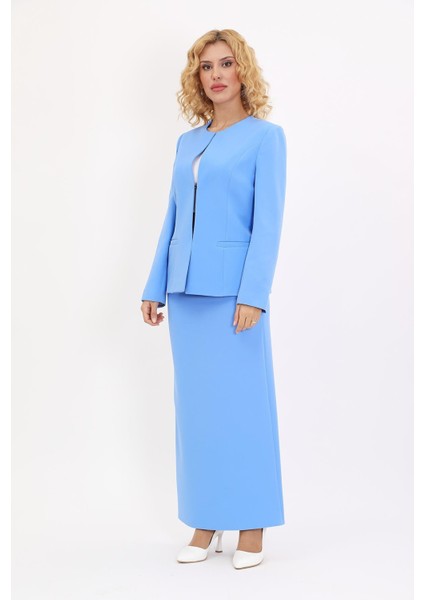 Oval Yaka Yandan Kuplu Klasik Ceket & Uzun Düz Dar Etek-Gökyüzü fiyatları