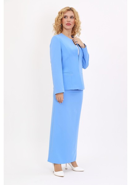 Oval Yaka Yandan Kuplu Klasik Ceket & Uzun Düz Dar Etek-Gökyüzü fırsatları