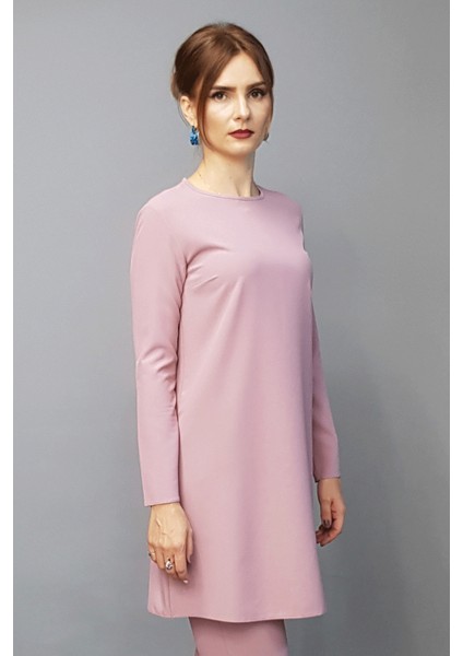 Sıfır Yaka Uzun Kol Bluz-Pudra