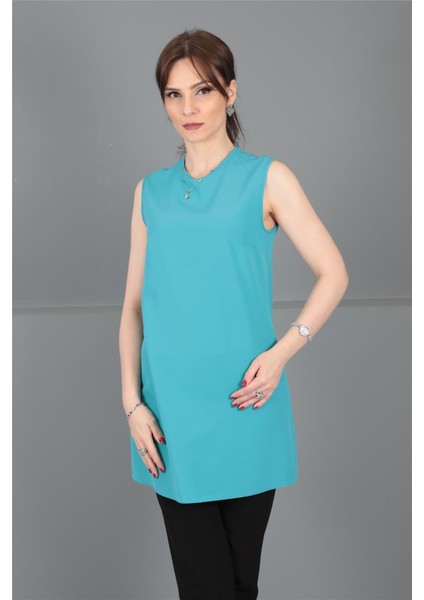Sıfır Yaka Kolsuz Bluz-Turkuaz