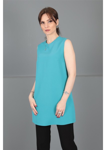 Sıfır Yaka Kolsuz Bluz-Turkuaz fiyatları
