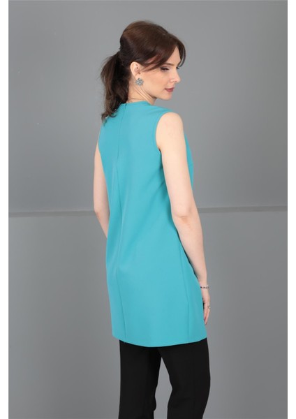Sıfır Yaka Kolsuz Bluz-Turkuaz modelleri