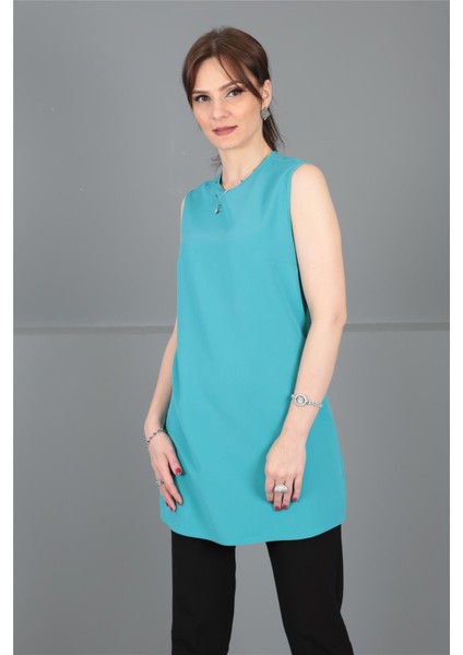 Sıfır Yaka Kolsuz Bluz-Turkuaz indirimleri