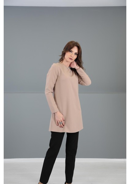 Sıfır Yaka Uzun Kol Bluz-Taş