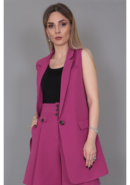 Erkek Yaka Tek Düğmeli Uzun Yelek-Fuşya modelleri