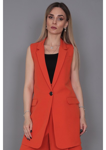 Erkek Yaka Tek Düğmeli Uzun Yelek-Turuncu modelleri