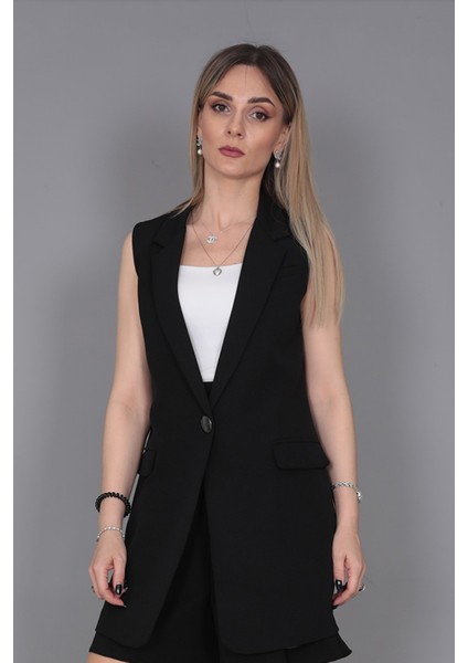 Erkek Yaka Tek Düğmeli Uzun Yelek-Siyah