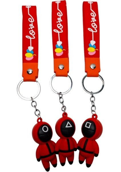 3 Boyutlu Squid Game Figürlü ve Love Yazılı 3 Lü Set Silikon Anahtarlık