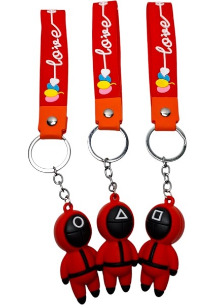 3 Boyutlu Squid Game Figürlü ve Love Yazılı 3 Lü Set Silikon Anahtarlık