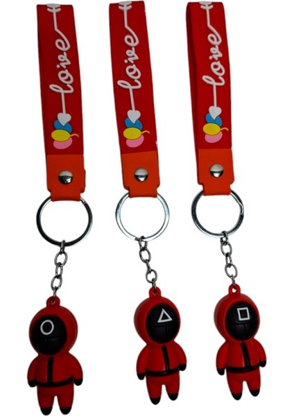 3 Boyutlu Squid Game Figürlü ve Love Yazılı 3 Lü Set Silikon Anahtarlık