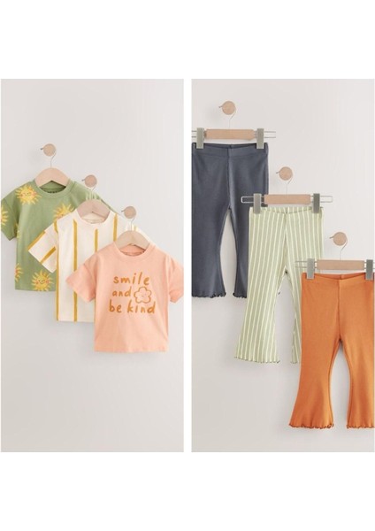 Pamuklu Turuncu Baskılı Kısa Kollu Taytlı 3'lü Alt Üst Takım