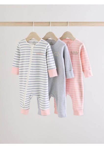 Pamuklu Pembe Gri Çizgili Ayaksız 3'lü Tulum Set