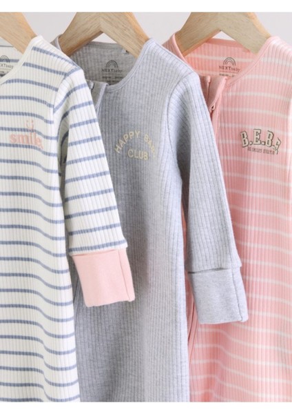 Pamuklu Pembe Gri Çizgili Ayaksız 3'lü Tulum Set modelleri